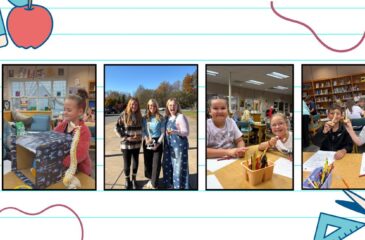 Notebook page background with decorative school supplies around the photos. There are 4 seperated photos in frames. On the far left is : A third grade student wearing a red sweater is participating in one of the activities Dr. Mehaffey brought to demonstrate the human body. The student has her eyes closed and reaching her hands into a box to determine what the mystery objects might be. The middle left photo is: The Chiropractic team, consisting of three ladies, standing outside of Riverbend Elementary School. Two ladies on either end of the trio are holding the miniature spine models students received and Dr. Maggie Mehaffey is holding a replica of the human spine. The Middle right photo is: Two third grade students are using the candy to create parts of the human body. The far right photo is: Two third grade students are holding up their miniature spine replicas they received from Dr. Mehaffey and her team.